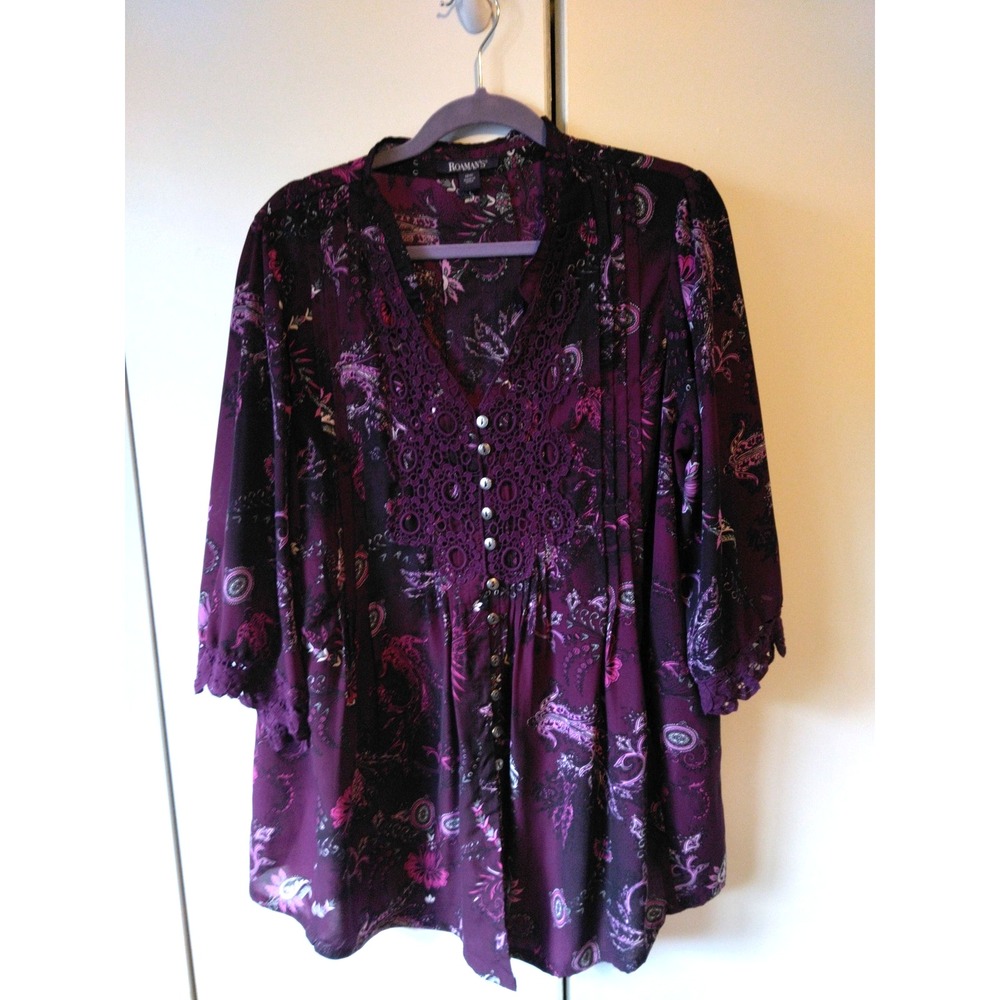 Roaman's Woman' Floral Tunic Top  Plus Size 18 W Purple Lace Details Feminine